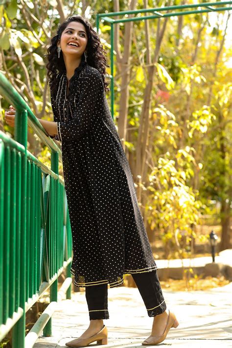Black Polka Dot Georgette A-Line Kurta - Stylish & Chic | Juniper Fashion