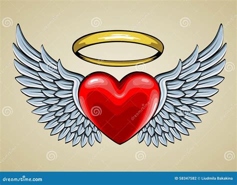 Red Heart with Angel Wings and Halo Stock Vector - Illustration of ...