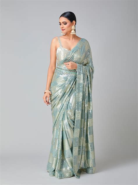 Uniquely Contrasted Pista & Gold Sequin Saree – Tirumala Designers