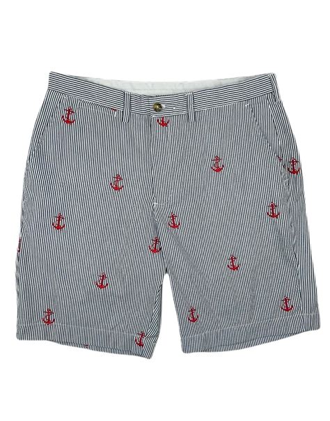 Navy Mens Seersucker Shorts with Red Embroidered Anchors – Piping Prints