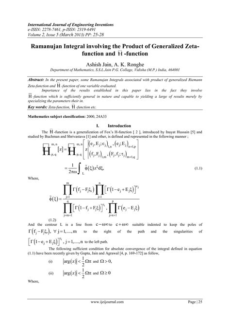Ramanujan Integral involving the Product of Generalized Zetafunction and - function | PDF