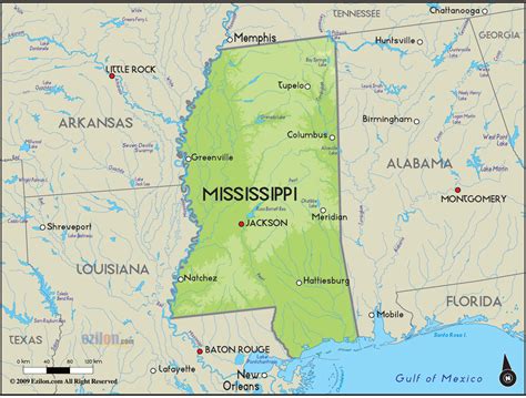 Geographical Map of Mississippi and Mississippi Geographical Maps