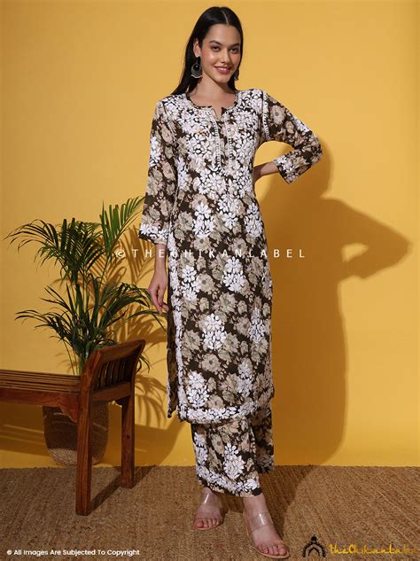 Mehndi Fara Mulmul Cotton Kurti Palazzo Set|The Chikan Label