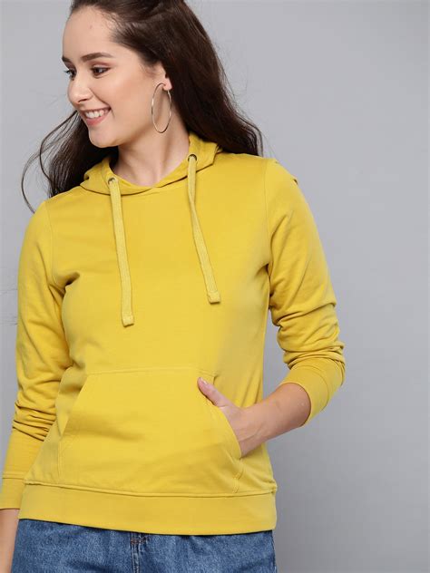 Buy HERE&NOW Women Yellow Solid Hooded Sweatshirt - Sweatshirts for ...
