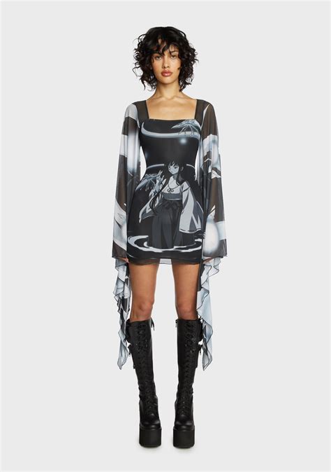 Dolls Kill x InuYasha Kikyo Graphic Mesh Mini Dress - Black