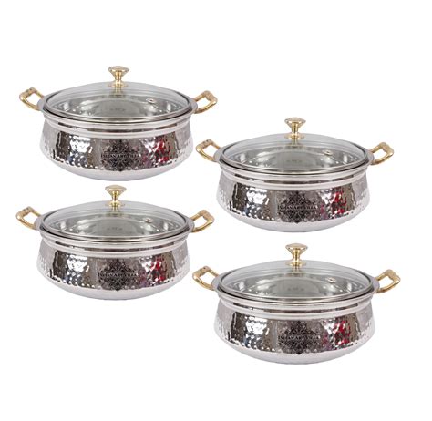 Steel Hammered Design Handi with Glass Lid & Brass Handle or Knob