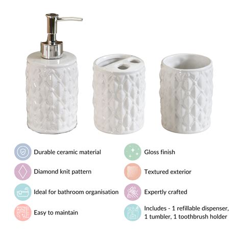 White Cross Knit Ceramic Bathroom Accessories Set Of 3 Online - Premium ...