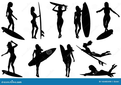 Female Surfer and Surfboard Isolated Silhouette Poses Stock Vector ...
