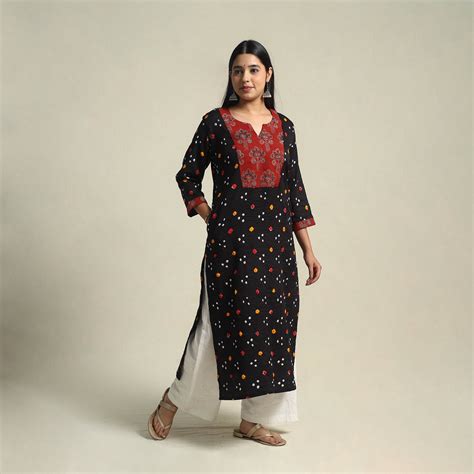 Black Tie-dye Cotton Patchwork Straight Bandhani Kurta for Women