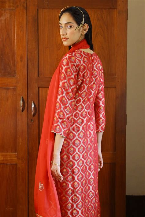 Tango Red Woven Silk Salwar Suit - Ganga Fashions