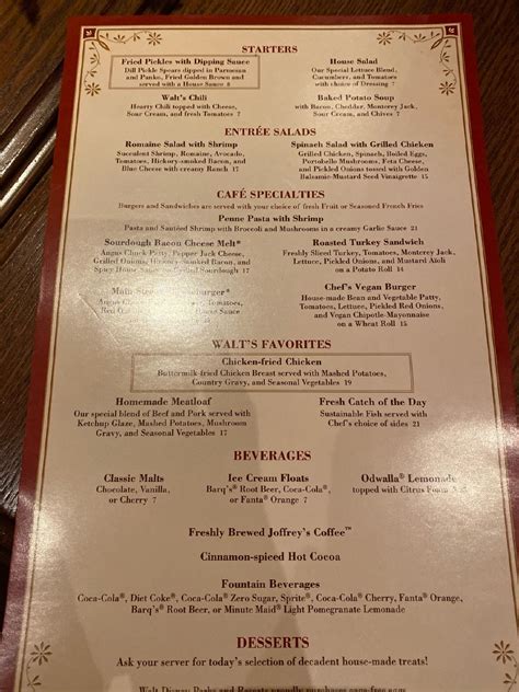 Menu at Carnation Cafe, Anaheim, Disneyland Park