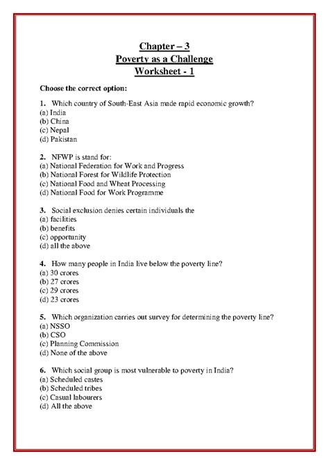 Ch 3 Worksheet 1 ! - Chapter – 3 Poverty as a Challenge Worksheet - 1 ...