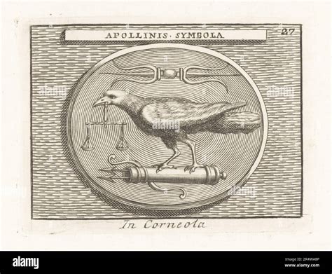 Symbols of the Greek god Apollo: raven standing on a quiver, bow and ...