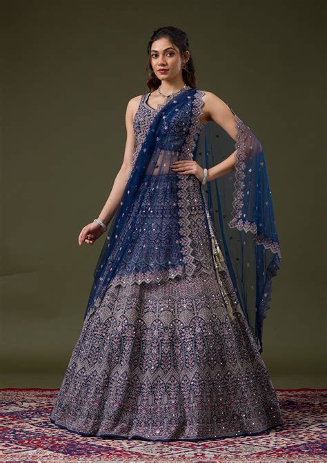 Buy Peacock Blue Threadwork Net Readymade Lehenga - Koskii