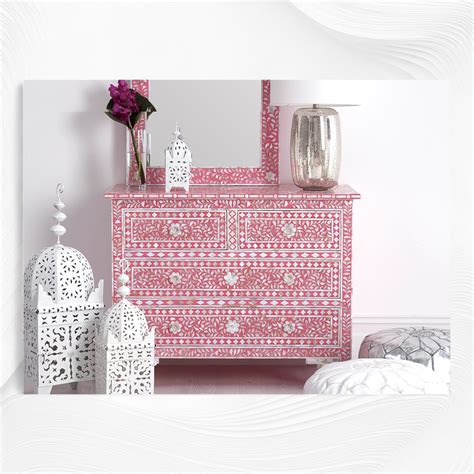 Mother Of Pearl Inlay Floral Chest Of Four Drawer Raspberry – Luxury ...