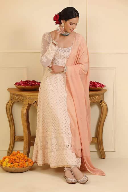 Buy Off White Georgette, Crepe Embroidery, Sequins Boat Chikankari Work ...