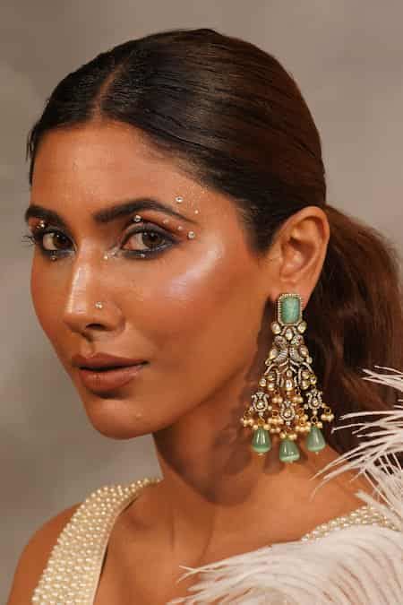 Buy Green Stones, Beads, Pearls Netra Bird Design Victorian Earring by ...