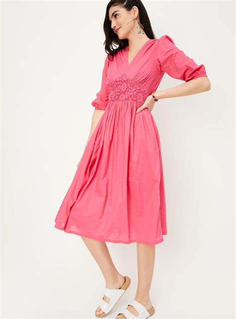 Buy Women Solid A-line Midi Dress Online at just Rs. 1299.0 ...