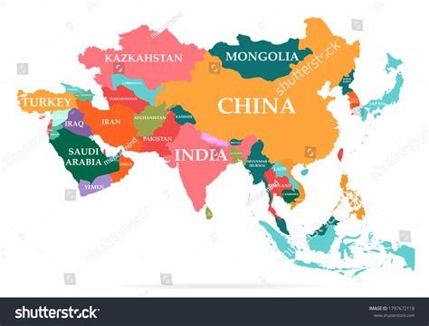 Vector Illustration Colorful Map Asia Continent: เวกเตอร์สต็อก (ปลอดค่าลิขสิทธิ์) 1797672118 ...