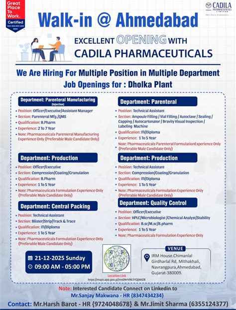 Cadila Pharmaceuticals Limited Walk-in Interview on 21 December for ...