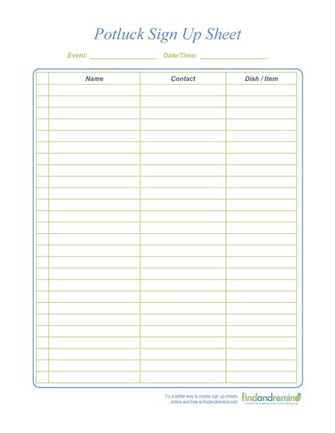 Breakfast Potluck Sign Up Sheet Printable