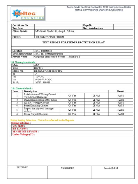 Image result for Protection Relay Test Format