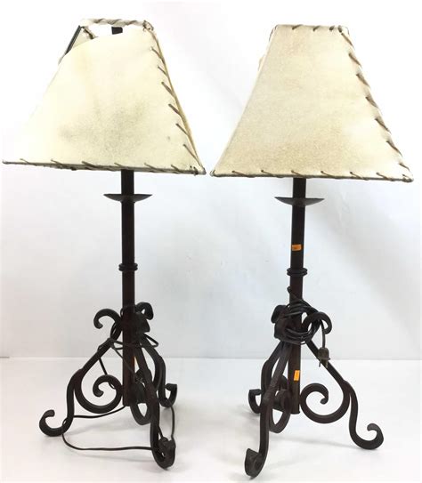 Lot - Pair Rawhide Shaded & Wrought Iron Table Lamps
