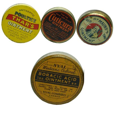 4 Ointment tins: Thar's Antiseptic Poultice; Nyal Boracic Acid; Cuticura; Dr Maund's. - ABCR ...