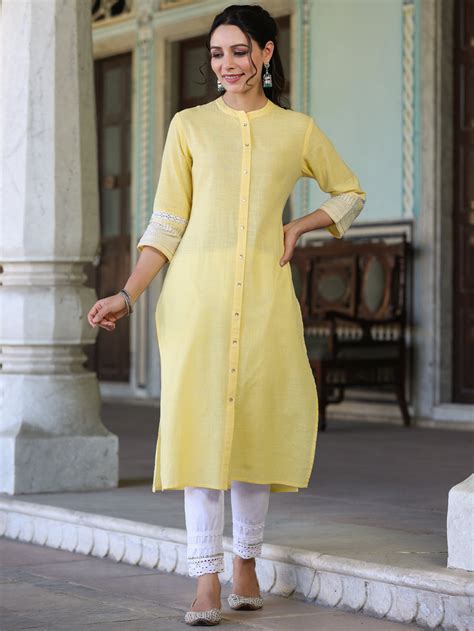 Buy Juniper Yellow Ethnic Motif Printed Cotton Slub Straight Kurta With ...