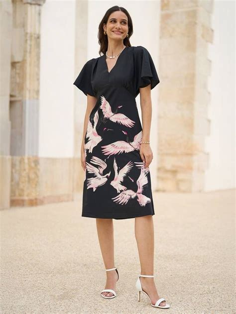 Yumi Crane Print Midi Dress, Teal, Black