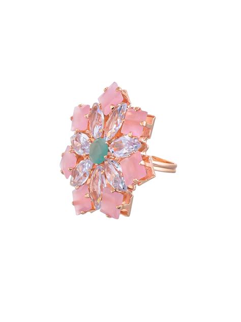Buy Rose Gold Adjustable Flower Design American Diamond Finger Rings ...