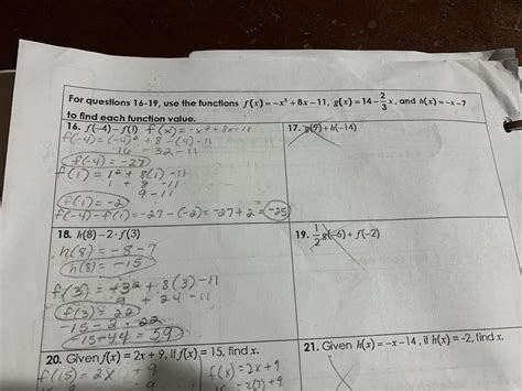 Use the functions f(x)=-x^2+8x-11 and h(x)=-x-7 h(8)-2f(3) This is ...
