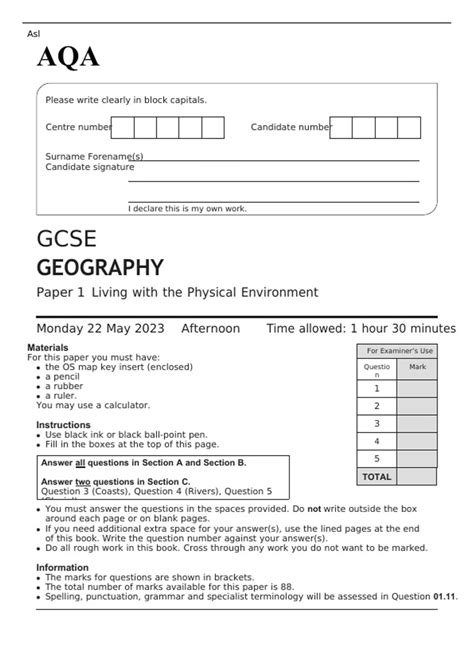 AQA GCSE GEOGRAPHY Paper 1 QUESTION PAPER 2023: Living with the ...