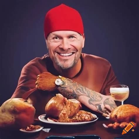 Fred Durst smiling with a red cap at a rainbow table on Craiyon