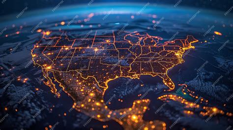 Glowing Map of the United States at Night with Illuminated Borders ...