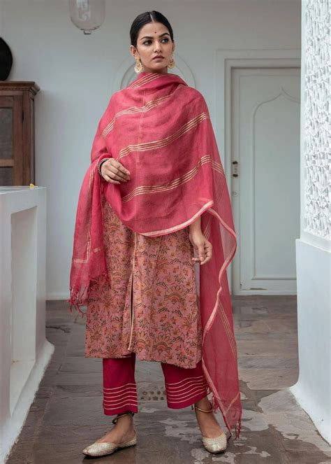 Buy Online Rose Pink Hand Block Print Kota Zari Women's Dupatta