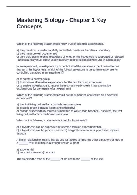 Mastering Biology - Chapter 1 Key Concepts Questions and Answers ...