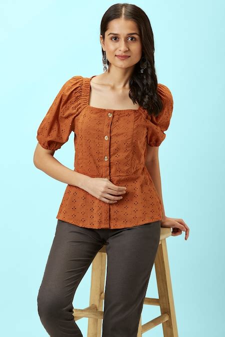 Rust Embroidered Casual Half Sleeves Square Neck Women Regular Fit Tops ...