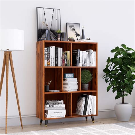Birdhut Solid Sheesham Bookshelf 3 Tier Mid-Century Modern Bookcase ...