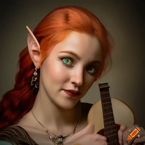 Smiling female half-elf bard with peach colored hair playing a lute on Craiyon