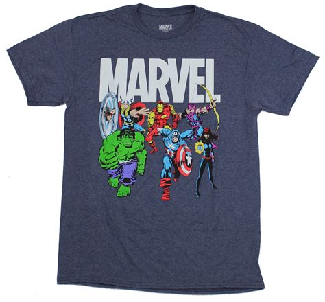 Marvel Comics Mens T-Shirt - Rushing Heroes Under Logo Image (Medium ...