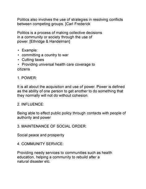 Poli Sci 2 - Elements of Poli Sci chapter 1 notes. - Politics also ...