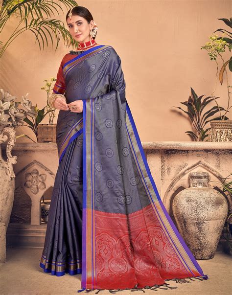 Navy Blue And Grey Silk Saree | Leemboodi
