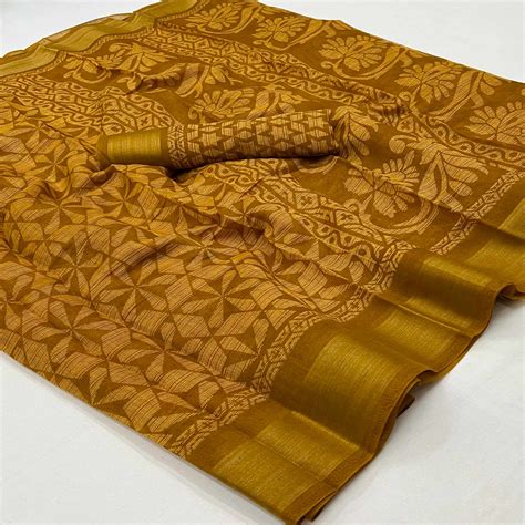 Mustard Printed Cotton Blend Saree