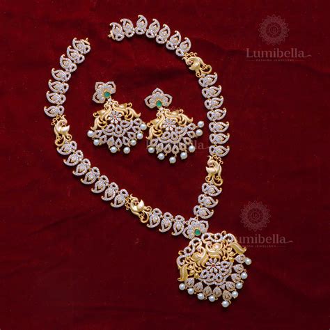 Buy Ganga Jamuna White Gold Polish Long Haram and Earrings ...