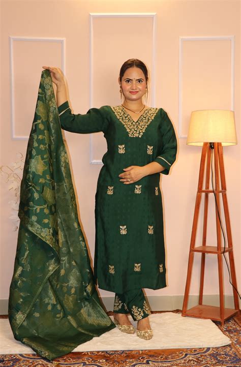 Festive Bottle Green Kurta Set with Gold Zari Work – PrakritiCreation