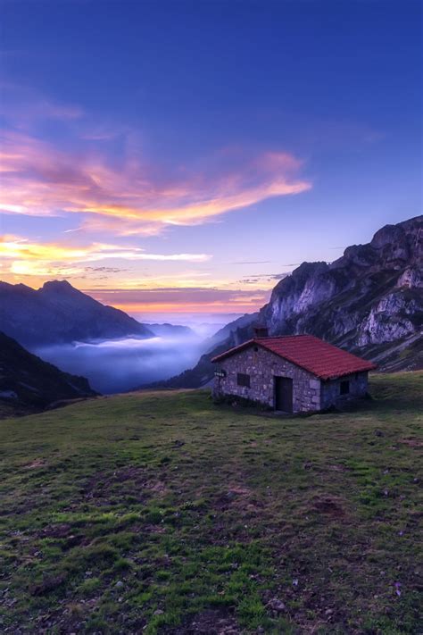 Download wallpaper sunset, mountains, house, section landscapes in ...