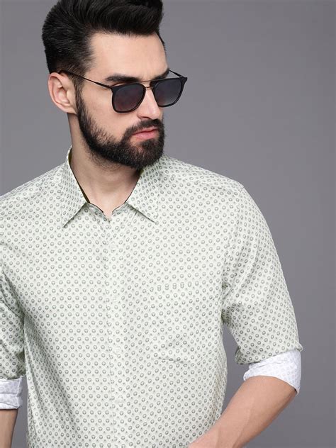 Louis Philippe Men White And Green Slim Fit Printed Pure Cotton Formal ...