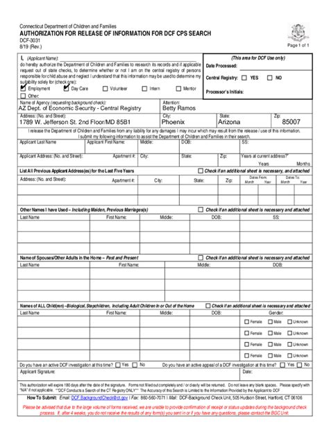 Connecticut DCF CPS Search Authorization Form - Blank Fillable Template ...