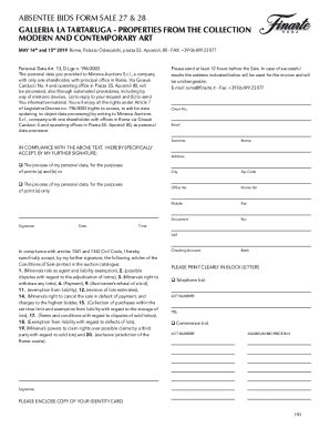 Fillable Online ABSENTEE BIDS FORM SALE 27 & 28 GALLERIA LA ... Fax ...